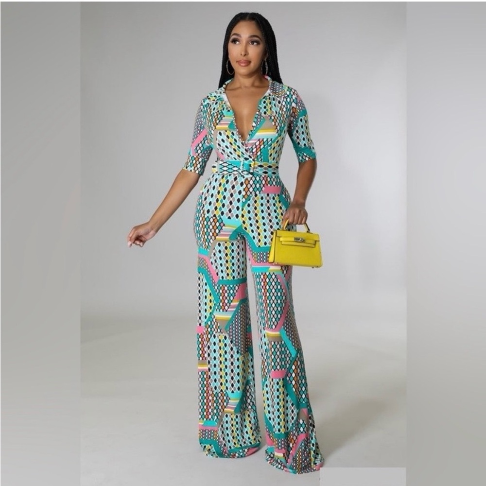 LORAGAL Teal Geometric Wide-Leg Jumpsuit with Pink Accents